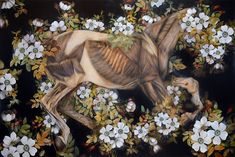 a painting of a horse with flowers on it's back and skeleton in the background