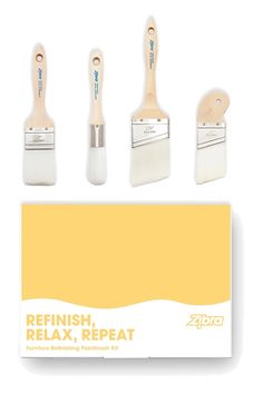 four paintbrushes with different colors and sizes in front of a white box that says refinish, relax, repeat