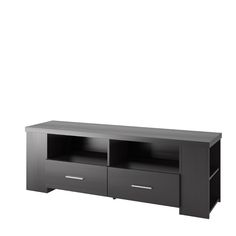 a black entertainment center with two drawers on one side and an open shelf on the other