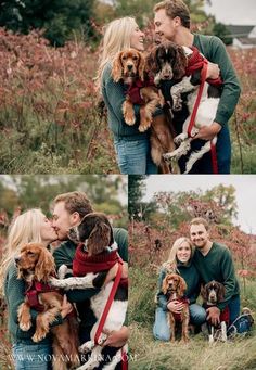 a man and woman kissing their dogs in the grass