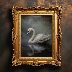 a painting of a white swan in a gold frame hanging on a dark brown wall