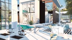 an artist's rendering of a modern house with swimming pool and outdoor dining area