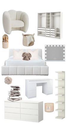 a bedroom with white furniture and accessories including a bed, dresser, chair, bookshelf