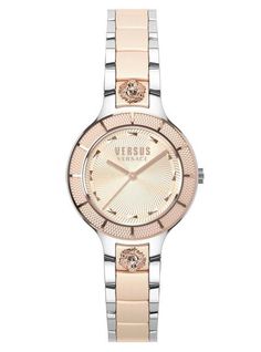 Versus Versace CLAREMONT Womens 32mm IP Rose Gold Watch VSP480718 - Shop at Altivo.com Guilloche Pattern, Lion Head Logo, Bracelet Rose Gold, Versus Versace, Rose Gold Band, Two Tone Watch, Rose Gold Watch, Silver Band, Watch Design