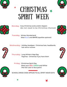 the christmas spirit week menu is shown with candy canes and wreaths on it