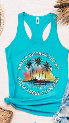 Do you agree? Palm Trees and sunsets are the best distractions! 🌴🌅 Beachy women’s tank tops for the gym, beach and casual wear! . #basicallybeachy #beachlife #beachvibes Summer Sports Tank Top With Letter Print, Summer Sports Printed Tops, Summer Sports Tops With Prints, Printed Sports Tops For Summer, Summer Racerback Tank Top With Letter Print, Beach Letter Print Tank Top, Beach Sleeveless Tank Top With Letter Print, Sleeveless Letter Print Tank Top For Beach, Vacation Sleeveless Tank Top With Letter Print