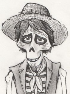 a drawing of a skeleton wearing a hat and vest