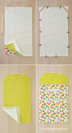 four pictures showing how to make a diy pillow with fabric backings and piping