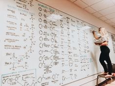 a woman writing on a white board in an office