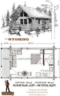 the floor plan for a log cabin with loft and living room, including an attached bathroom