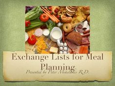 an image of a menu for a meal with the words exchange lists for meal planning presented by peter mitchell, r d