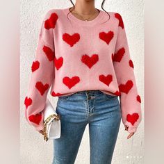 Elegant Long Sleeve Drop Shoulder Sweater, Women's Clothing. Size Small/Medium Material 100% Polyester Bride Lingerie, Fabric Heart, Rose Bonbon, Pullover Outfit, Heart Sweater, Oversized Knitted Sweaters, Oversize Knit, Drop Shoulder Sweaters, Heart Pattern