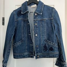 Super Cute Denim Appliqu Jacket. No Size Tag But It’s An Xs. Never Worn, Perfect Condition. Coach Casual Spring Outerwear, Spring Coach Outerwear With Pockets, Coach Spring Outerwear With Pockets, Fitted Coach Outerwear With Pockets, Jacket Runway, Denim Applique, Applique Jacket, Coach Jackets, Coach 1941