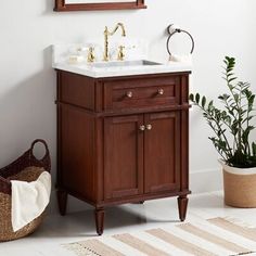 a bathroom with a sink, mirror and rug