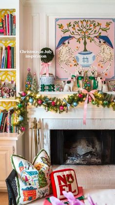 a living room decorated for christmas with decorations on the mantle and bookshelf behind it