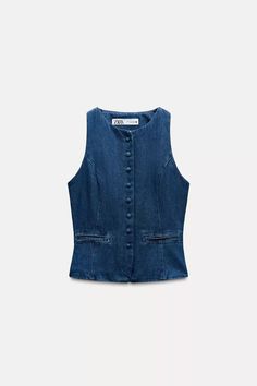 LINED BUTTON Z1975 DENIM VEST - Blue | ZARA United States Classic Denim Workwear Vest With Pockets, Classic Denim Blue Vest With Pockets, Casual Workwear Denim Vest With Snap Buttons, Casual Denim Vest With Snap Buttons For Work, Button-up Denim Vest For Work With Pockets, Medium Wash Sleeveless Vest With Button Closure, Summer Workwear Denim Vest With Button Closure, Casual Denim Blue Vest With Buttons, Dark Wash Sleeveless Denim Top For Work