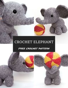 the crochet elephant is holding a ball with it's trunk