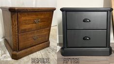 the before and after of an old dresser turned into a side table or end table