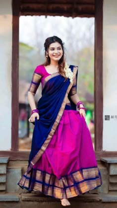 Langa Voni Half Saree, Silk Half Saree, Onam Outfits, Lehenga Saree Design, Simple Lehenga, Simple Saree Designs, Half Saree Lehenga, Long Gown Design, Lehenga Designs Simple