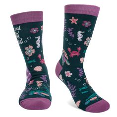 Buy On Amazon If you feel like you can relate to the goddess of the sea then these socks mermaid for you! The socks feature an illustration of a beautiful mermaid surrounded by cute ocean animals in lovely pink, purple and teal tones. The side of the socks features a sassy saying: "I'm The Real Flippin' Deal". These fun socks are guaranteed to make a splash when you show them off to family and friends! PRODUCT DETAILS: Crew Length One size fits most Women's U.S. size 7-11 85% Combed Cotton, 10% Cute Ocean Animals, Mermaid Socks, Mermaid Humor, Life Underwater, Goddess Of The Sea, Purple And Teal, Fun Socks, Beautiful Mermaids, Sassy Quotes