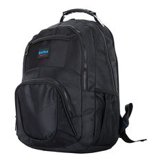 the back pack is black and has a blue logo on the front, and two zippers at the bottom