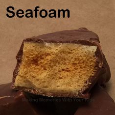 there are two pieces of chocolate on top of each other with the words seafoam above them