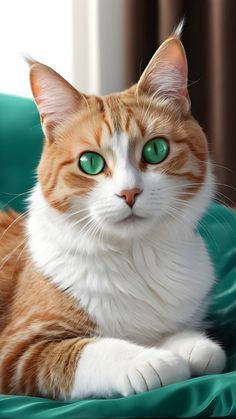 an orange and white cat with green eyes laying on a blue blanket looking at the camera