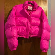 Olivaceous Lizzy Hot Pink Cropped Puffer Jacket Size Medium New With Tags Hot Pink Hot Pink Puffer Coat, Hot Pink Puff Jacket, Spring Pink Puffer Jacket With Padded Collar, Pink Spring Puffer Jacket With Padded Collar, Pink Puffer Jacket With Padded Collar For Spring, Pink Puffer Outerwear For Fall, Trendy Pink Outerwear With Padded Collar, Fitted Puffer Cropped Jacket, Trendy Long Sleeve Puffer Cropped Jacket