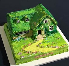 a cake that looks like a house with green grass and flowers on the outside, in front of a black background