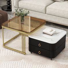 a living room with a couch, coffee table and two end tables on carpeted flooring