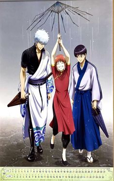 three anime characters holding an umbrella over their heads in front of a calendar with the date on it