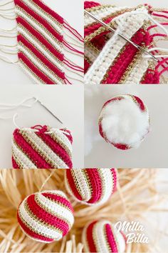 crocheted ornaments are hanging on a string and some yarn is being knitted