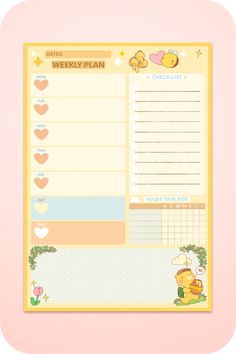 a winnie the pooh weekly planner is shown on a pink background with hearts and flowers