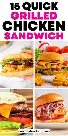 grilled chicken sandwich with lettuce, tomato and cheese on it in four different pictures