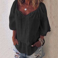 Big V-neck Loose Short Sleeves T-shirt Casual Solid Color Linen Tops, Casual Black Blouse For Vacation, Black Casual Blouse For Vacation, Black Cotton Vacation Blouse, Black Cotton Blouse For Vacation, Elegant V-neck T-shirt For Summer, Solid Linen Top For Fall, Solid Color Linen Tops For Fall, Linen Solid Color Tops For Fall