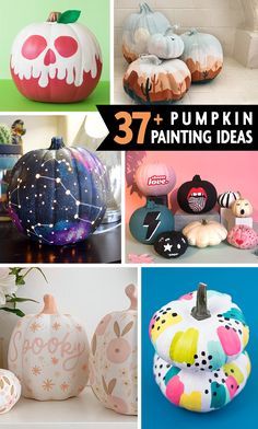 pumpkins painted with different designs and colors are featured in this collage for halloween