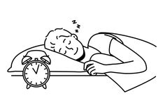 a cartoon man sleeping with an alarm clock in his hand and the time is 11 o'clock