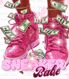 a pair of pink sneakers with money coming out of them