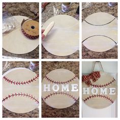 four pictures of baseballs with the word home on them, and some other images