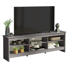 an entertainment center with a flat screen tv on it's stand and plants in pots