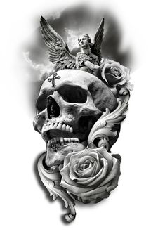 a black and white photo of a skull with angel on it's head, surrounded by roses