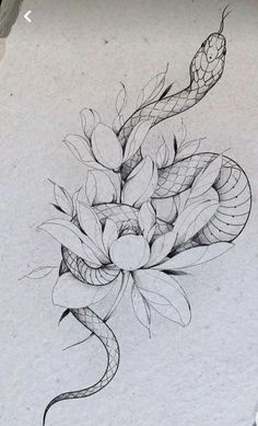 a pencil drawing of a snake and flowers