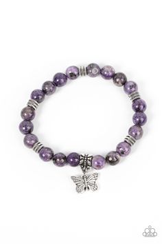 Infused with a silver butterfly charm, textured silver accents and amethyst stone beads are threaded along stretchy bands around the wrist for a whimsical look.

Sold as one individual bracelet. Ivory Necklace, Butterfly Charm Bracelet, Feeling Pretty, Purple Bracelet, Butterfly Bracelet, Paparazzi Accessories, Silver Butterfly, Exclusive Jewelry, Purple Stones