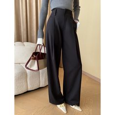 Floor-Length Wide-Leg Black Suit Pants Fabric: 66% Polyester+25% Rayon+3% Wool +3% Tencel+3% Spandex Size: S, M, L, Multiple Color Selections: Black  Season: Spring, Fall, Winter Black Full-length Dress Pants For Office, Black Full-length Pants For Business Casual, Black Full Length Dress Pants For Winter, Black Full-length Dress Pants For Fall, Black Wide-leg Pants For Office, Black Full Length Wide Leg Pants For Office, Black Wide Leg Full Length Pants For Office, Winter Office Pants In Solid Color, Solid Full-length Pants For Business Casual