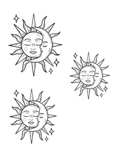 three sun and two moon faces with stars on the forehead, one is drawn in black ink