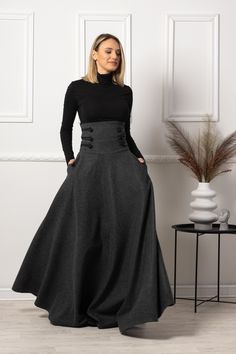 Plus Size Formal Skirts, Wool Skirts Outfit Winter, Maxi Skirt Suits For Women, A Line Skirt Plus Size Outfit, Walking Skirt Edwardian, Dark Gray Skirt Outfit, Fitted High Waist Winter Maxi Skirt, Fitted Punk Skirt With Pockets, High Waist Winter Maxi Skirt