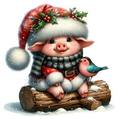 a pig with a christmas hat sitting on top of a log next to a bird