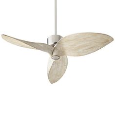 a white ceiling fan with wooden blades