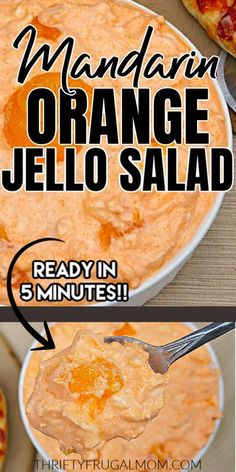 an orange jello salad is shown in two pictures