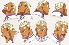 an animation character's head with different expressions and hair styles, including blondes